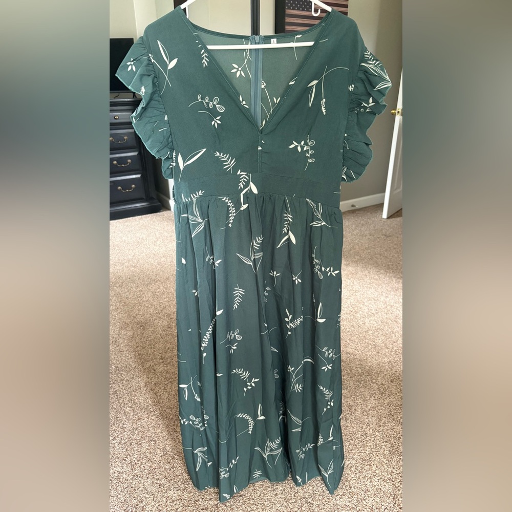 Green Floral Ruffle Sleeve Dress
